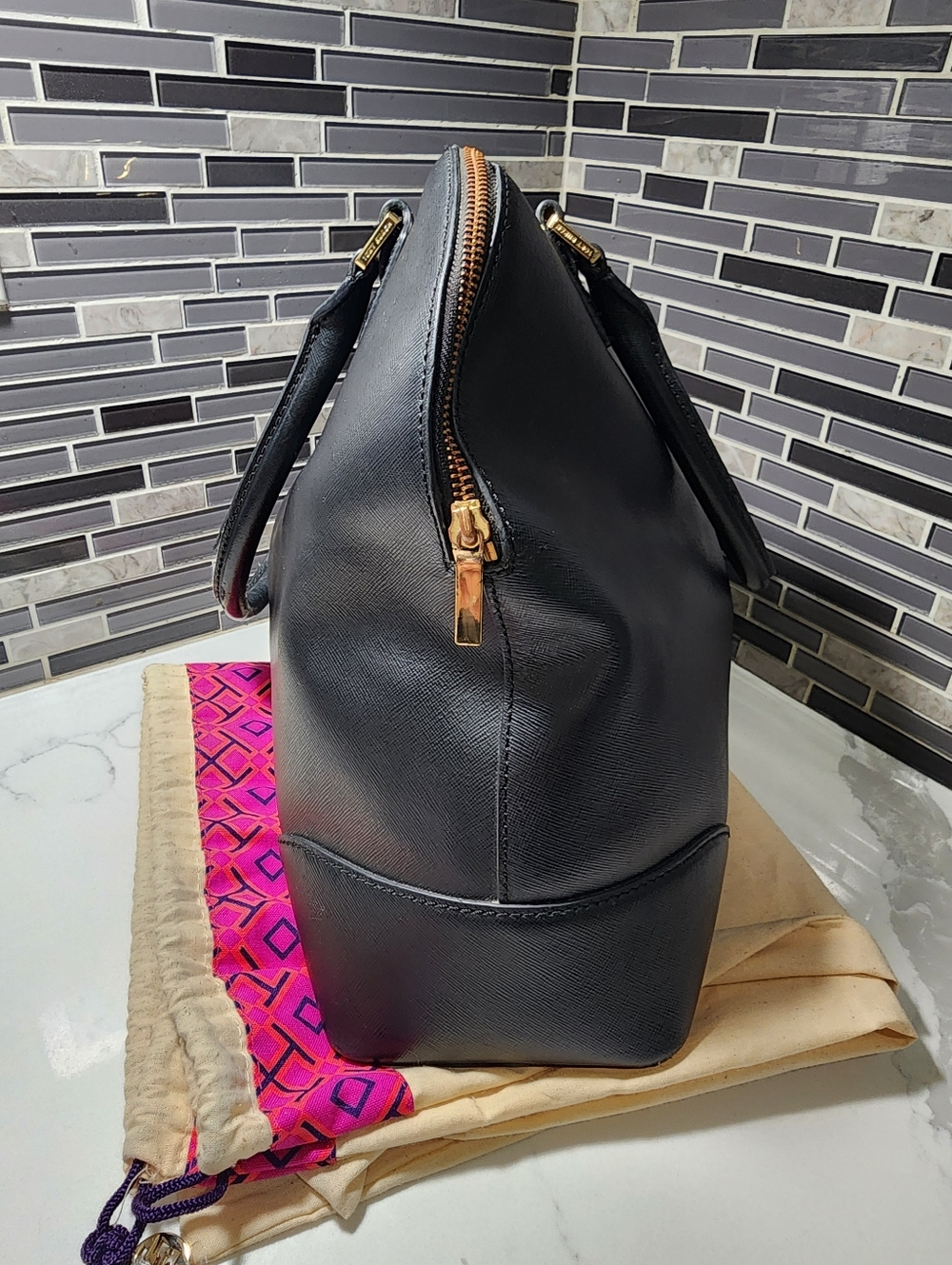 Tory Burch Black Leather Dome Satchel with Gold Hardware - Picture 4 of 13